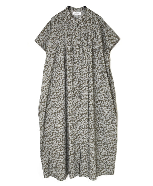 NSL26073 80s VOILE TWO TONE FLOWER PRINT BANDED COLLAR FRENCH/SL PINTUCK DRESS