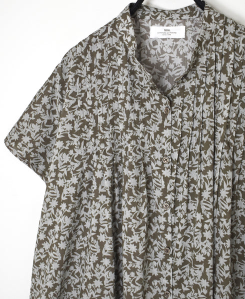 NSL26073 80s VOILE TWO TONE FLOWER PRINT BANDED COLLAR FRENCH/SL PINTUCK DRESS