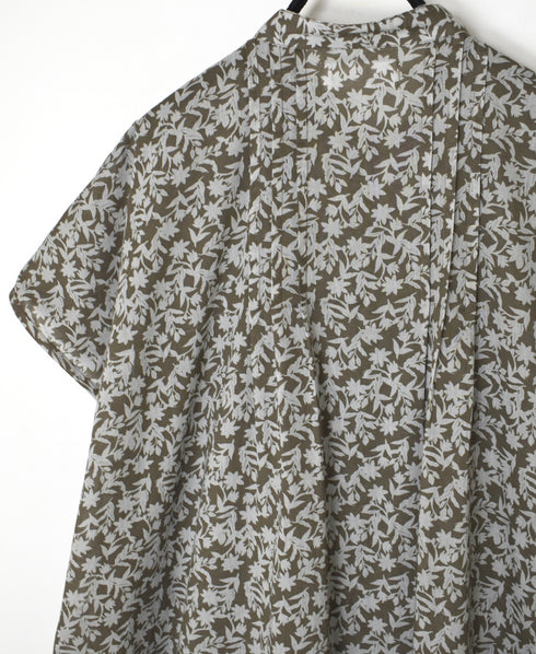 NSL26073 80s VOILE TWO TONE FLOWER PRINT BANDED COLLAR FRENCH/SL PINTUCK DRESS