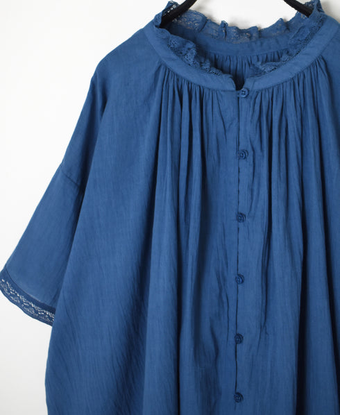 80s COTTON VOILE LACE LACE&LOOP BUTTON GATHERED SMOCK