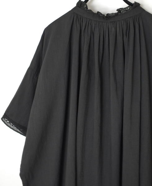 80s COTTON VOILE LACE LACE&LOOP BUTTON GATHERED SMOCK
