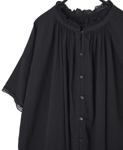 80s COTTON VOILE LACE LACE&LOOP BUTTON GATHERED SMOCK