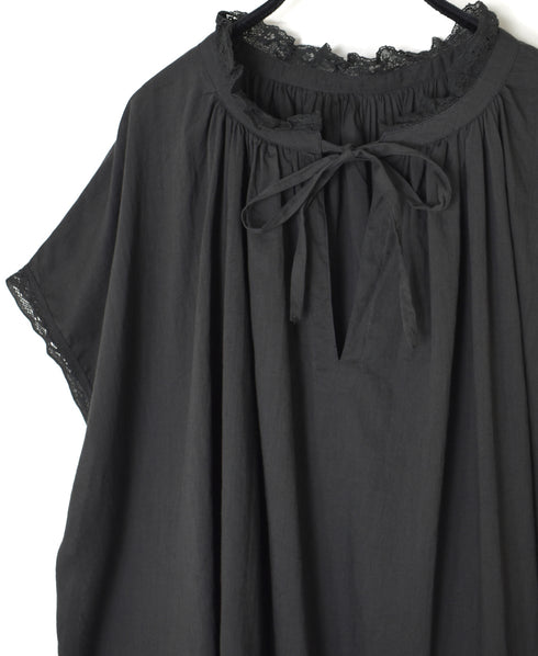 NSL26092 80s COTTON VOILE LACE LACE&STRING COLLAR GATHERED SHIRT