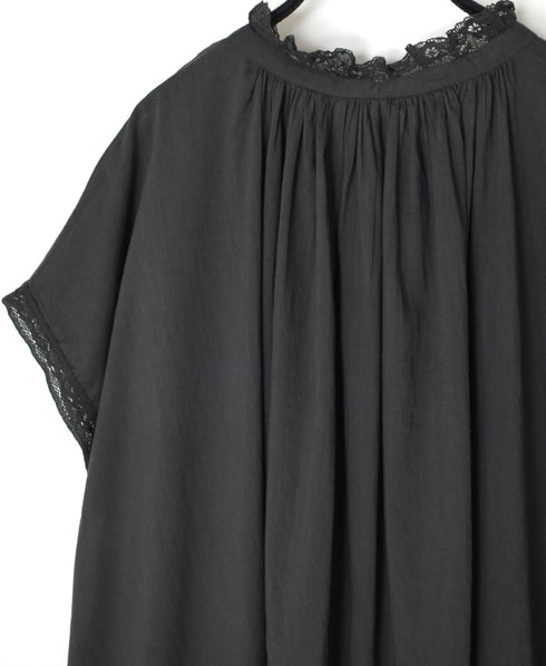 NSL26092 80s COTTON VOILE LACE LACE&STRING COLLAR GATHERED SHIRT