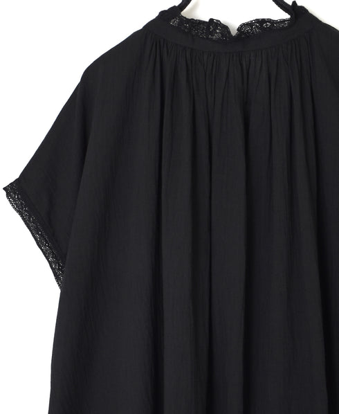 NSL26092 80s COTTON VOILE LACE LACE&STRING COLLAR GATHERED SHIRT
