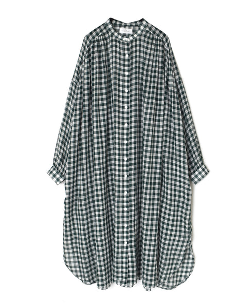 NSL26103 FANCY GINGHAM CHECK BANDED COLLAR GATHER SHIRT DRESS