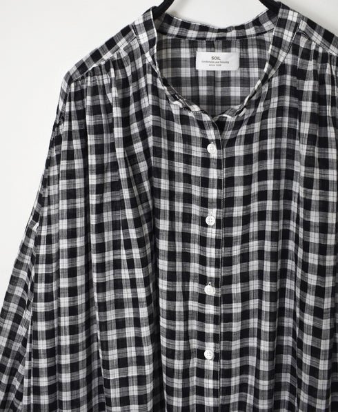 NSL26103 FANCY GINGHAM CHECK BANDED COLLAR GATHER SHIRT DRESS