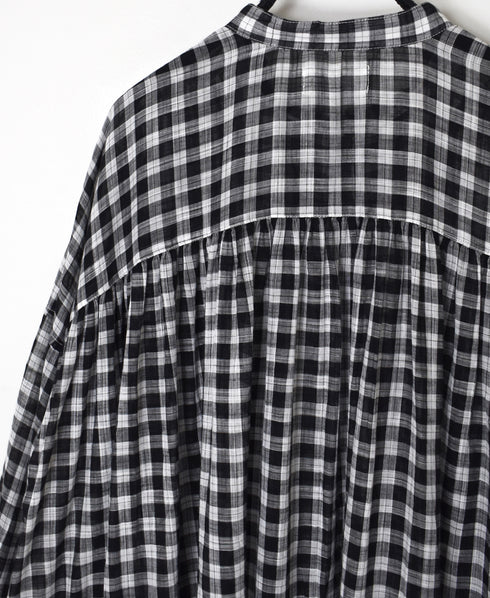 NSL26103 FANCY GINGHAM CHECK BANDED COLLAR GATHER SHIRT DRESS