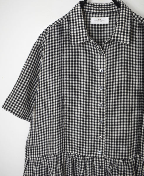 INSL26313 60s LINEN GINGHAM CHECK REGULAR COLLAR S/SL DRESS