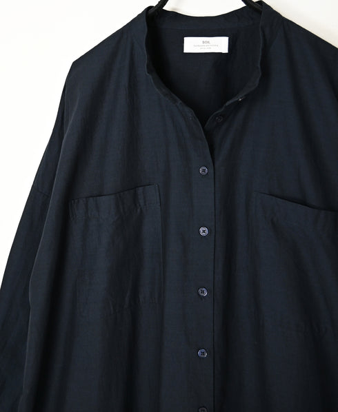 NSL26523 40s COTTON POPLIN PLAIN BAND COLLAR BACK SIDE GATHERED DRESS