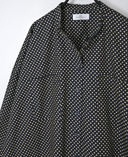 NSL26533 40s COTTON POPLIN DOT PRINT BANDED COLLAR BACK SIDE GATHERED DRESS