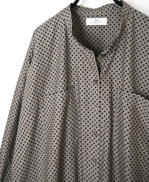 NSL26533 40s COTTON POPLIN DOT PRINT BANDED COLLAR BACK SIDE GATHERED DRESS