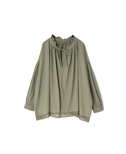 NSL26552 60s COTTON CAMBRIC PLAIN WITH LACE LACE & STRING COLLAR GATHERED SHIRT