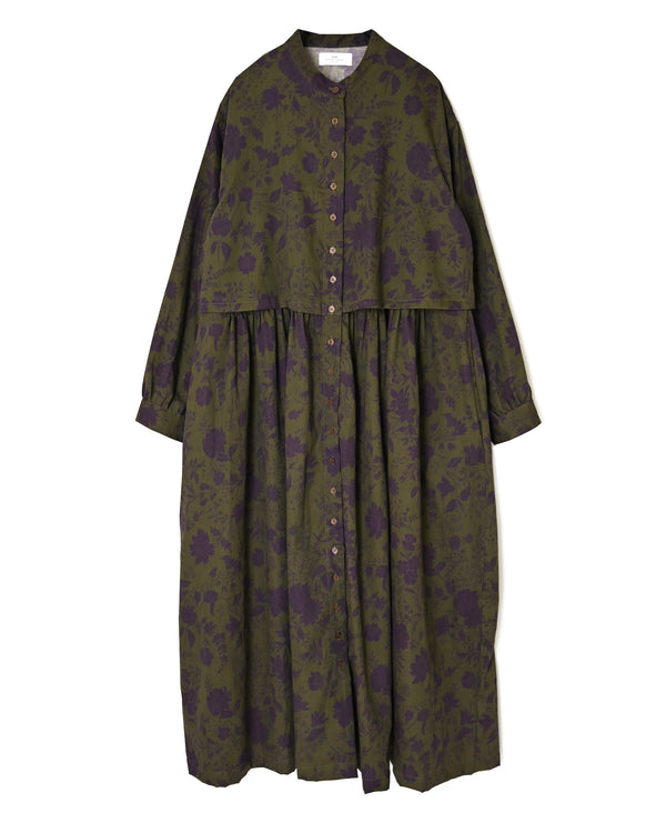 NSL26573 COTTON SATIN FLOWER PRINT BAND COLLAR LAYERED DRESS