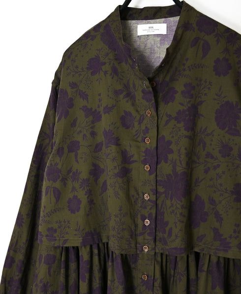 NSL26573 COTTON SATIN FLOWER PRINT BAND COLLAR LAYERED DRESS