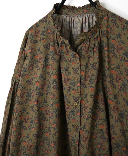 NSL26591 60s COTTON CAMBRIC FLOWER PRINT FRILL COLLAR SHIRT