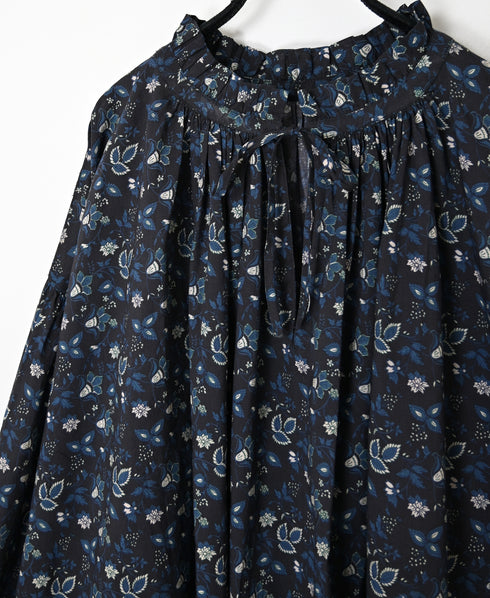 NSL26592 60s COTTON CAMBRIC FLOWER PRINT FRILL&STRING COLLAR GATHERED SHIRT
