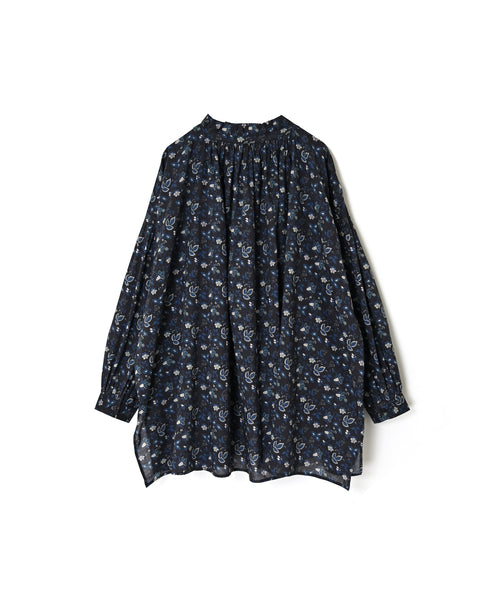NSL26592 60s COTTON CAMBRIC FLOWER PRINT FRILL&STRING COLLAR GATHERED SHIRT