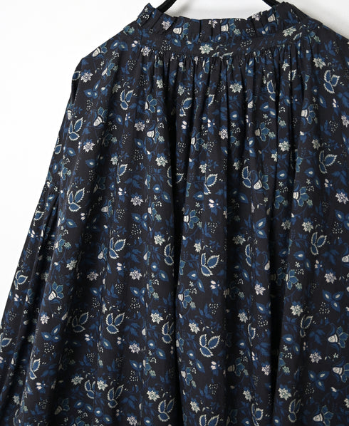 NSL26592 60s COTTON CAMBRIC FLOWER PRINT FRILL&STRING COLLAR GATHERED SHIRT