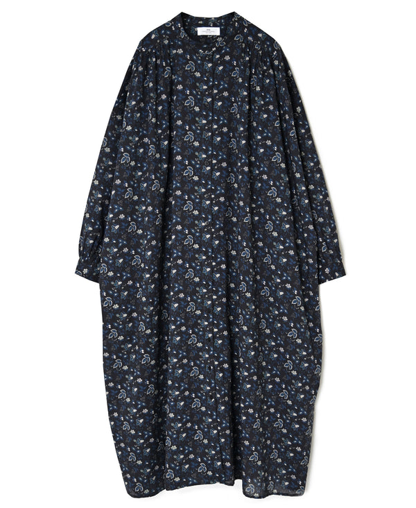 NSL26594 60s COTTON CAMBRIC FLOWER PRINT BANDED COLLAR GATHER SHIRT DRESS
