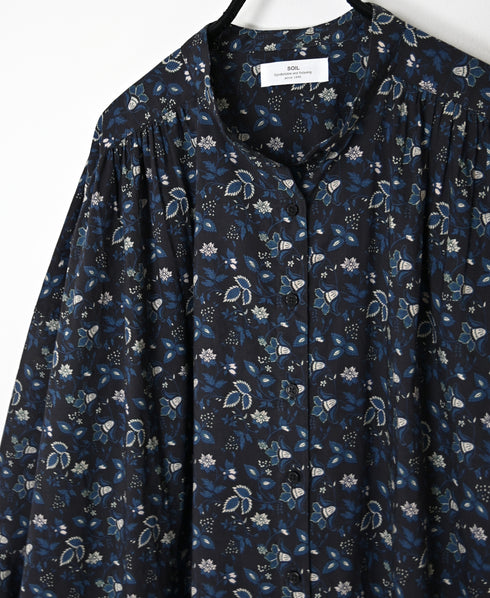 NSL26594 60s COTTON CAMBRIC FLOWER PRINT BNADED COLLAR GATHER SHIRT DRESS