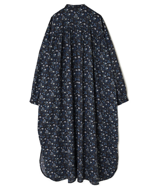 NSL26594 60s COTTON CAMBRIC FLOWER PRINT BNADED COLLAR GATHER SHIRT DRESS