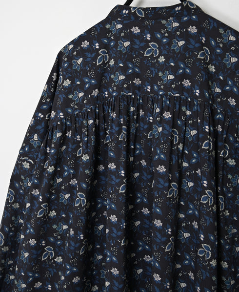 NSL26594 60s COTTON CAMBRIC FLOWER PRINT BNADED COLLAR GATHER SHIRT DRESS