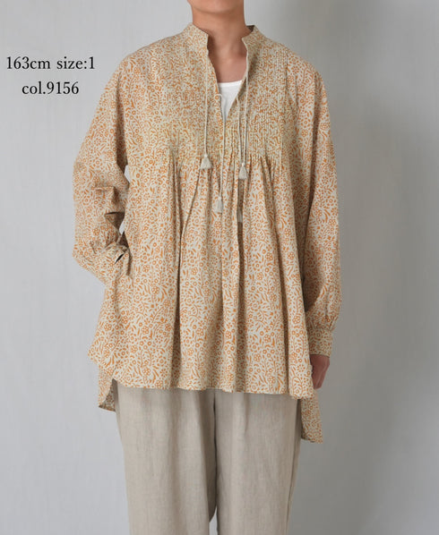 INMDS26102 80s COTTON FLOWER BLOCK PRINT BANDED COLLAR MINI PINTUCK TUNIC