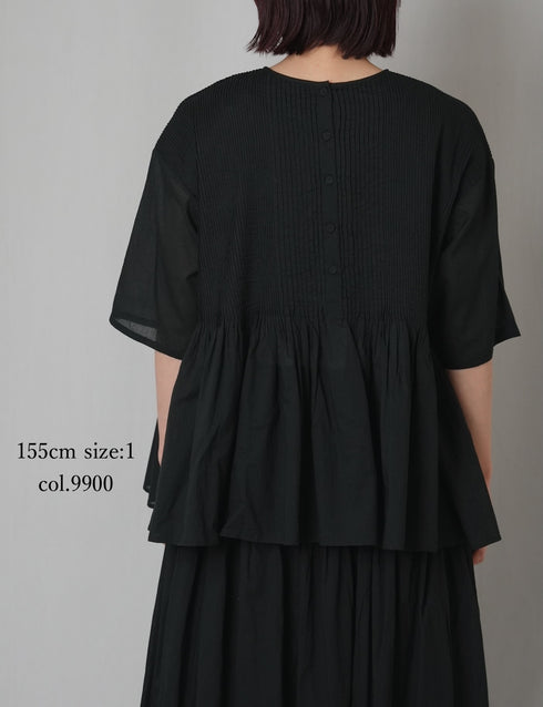 NMDS26241 80s ORGANIC COTTON VOILE CREW-NECK PULLOVER HALF/SLEEVE SHIRT WITH MINI PINTUCK