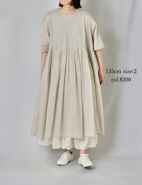 NMDS26243 80s ORGANIC COTTON VOILE CREW-NECK HALF/SLEEVE DRESS WITH MINI PINTUCK