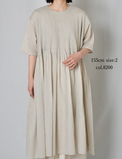 NMDS26243 80s ORGANIC COTTON VOILE CREW-NECK HALF/SLEEVE DRESS WITH MINI PINTUCK