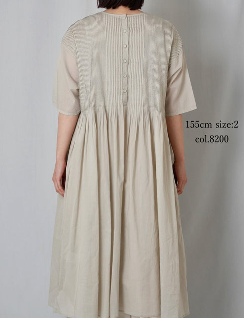 NMDS26243 80s ORGANIC COTTON VOILE CREW-NECK HALF/SLEEVE DRESS WITH MINI PINTUCK