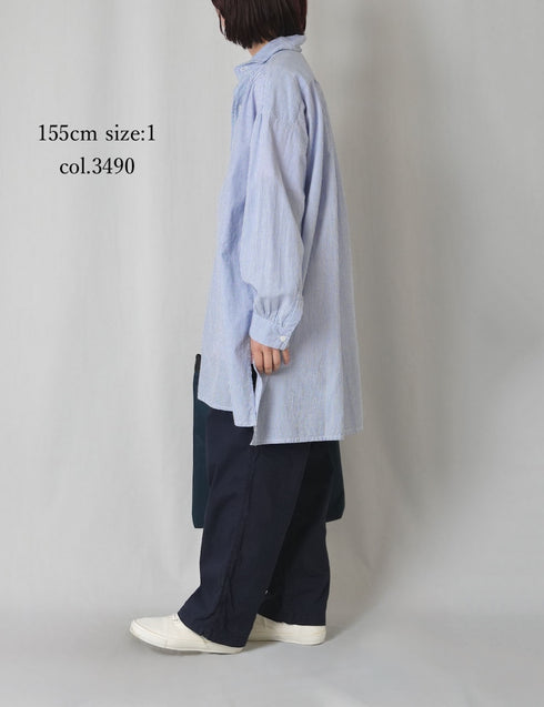 INAM2632S SEERSUCKER STRIPE WASH WORK GATHERED SHIRT