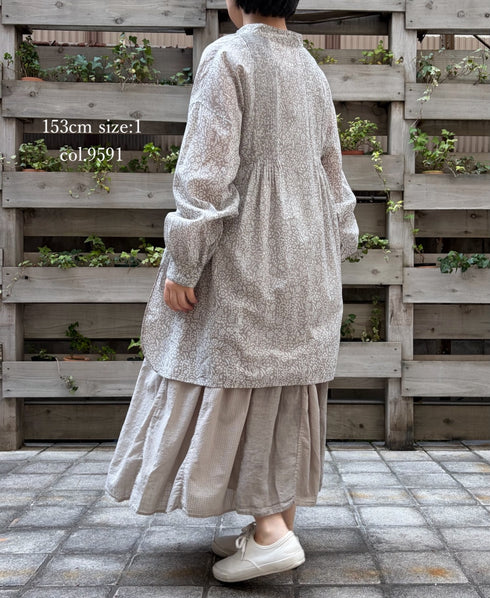 INMDS26102 80s COTTON FLOWER BLOCK PRINT BANDED COLLAR MINI PINTUCK TUNIC