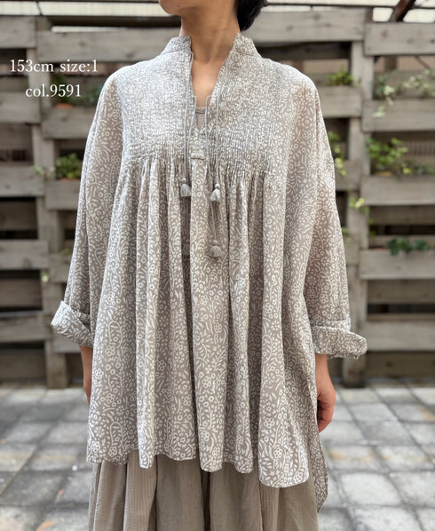 INMDS26102 80s COTTON FLOWER BLOCK PRINT BANDED COLLAR MINI PINTUCK TUNIC