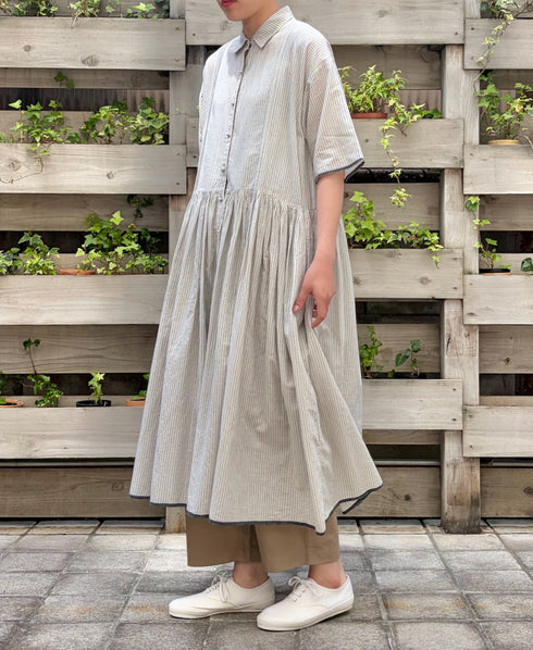 INMDS26064 HANDWOVEN COTTON STRIPE REGULAR COLLAR SHIRTS DRESS WITH RAJASTHAN GATHER