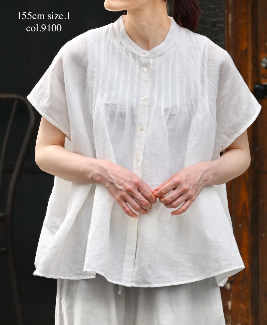 INSL26321 60s AUTO LOOM COTTON/LINEN PLAIN BANDED COLLAR FRENCH/SL PINTUCK SHIRTS