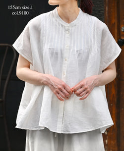 INSL26321 60s AUTO LOOM COTTON/LINEN PLAIN BANDED COLLAR FRENCH/SL PINTUCK SHIRTS