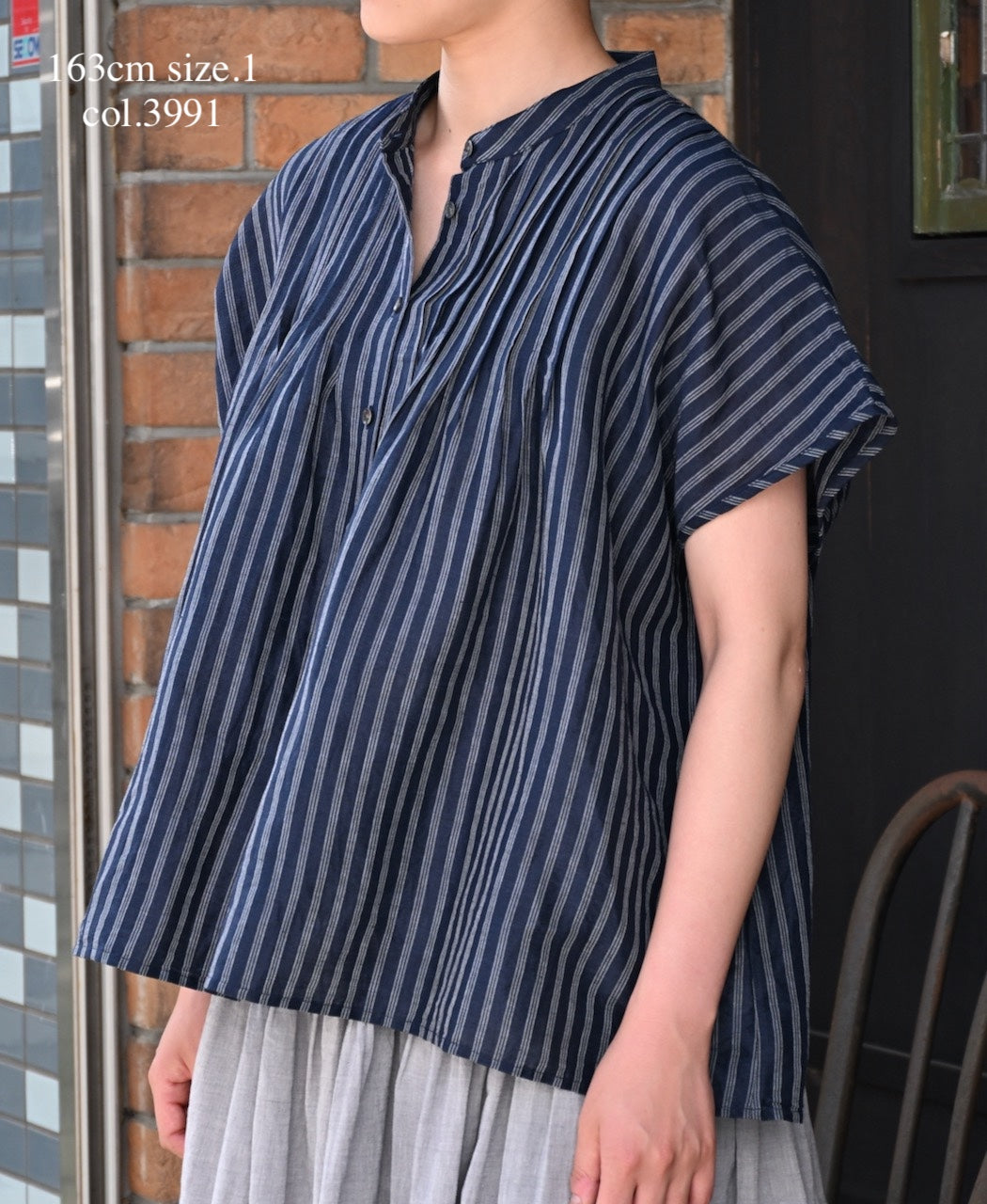 INSL26331 60s AUTO LOOM COTTON/LINEN STRIPE BANDED COLLAR FRENCH/SL PINTUCK SHIRTS