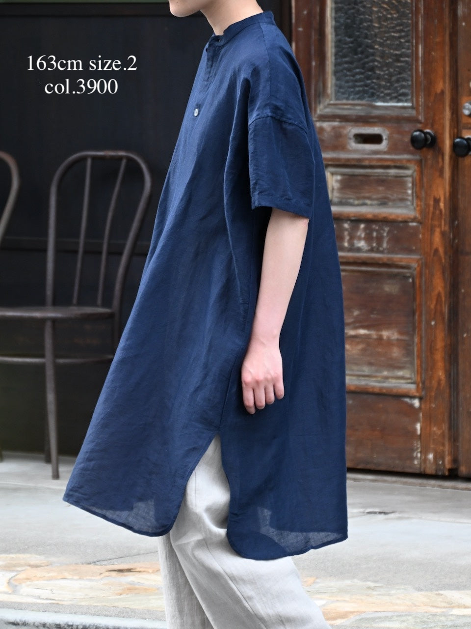 INSL26323 60s AUTO LOOM COTTON/LINEN PLAIN BANDED COLLAR S/SL TUNIC
