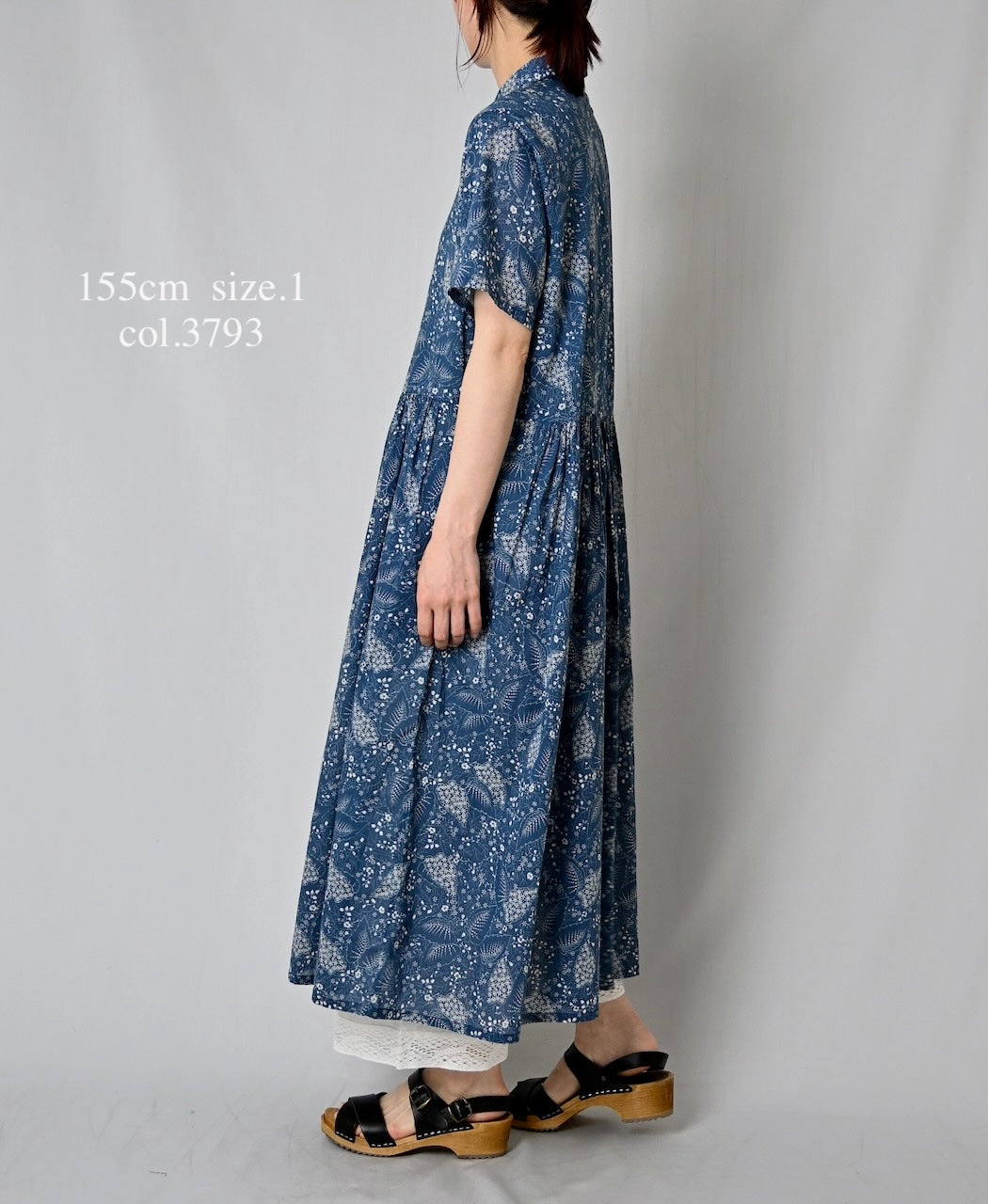 NSL26063 80s VOILE LEAF & FLOWER PRINT REGULAR COLLAR S/SL DRESS