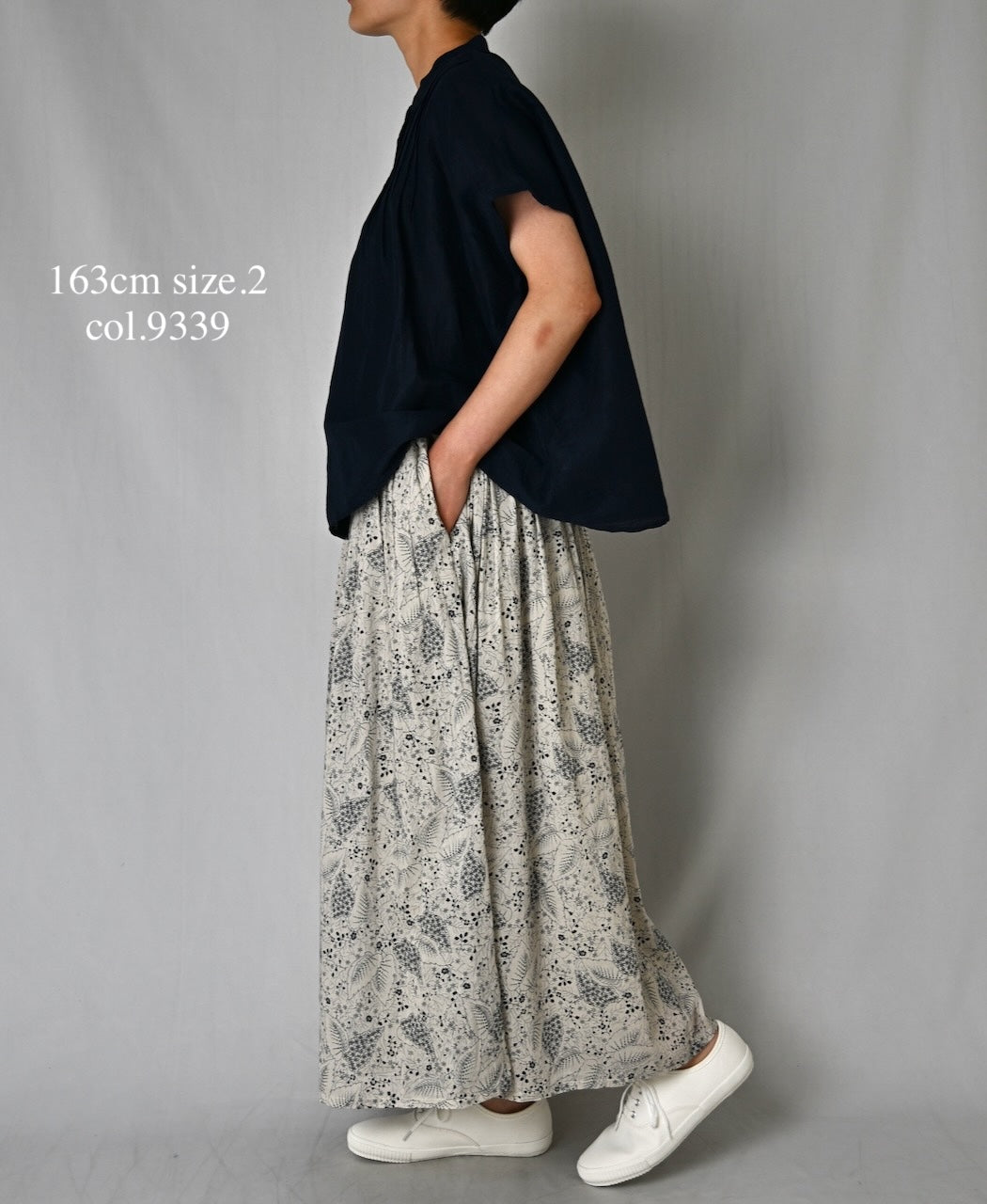 NSL26065 80s VOILE LEAF & FLOWER PRINT GATHERED SKIRT