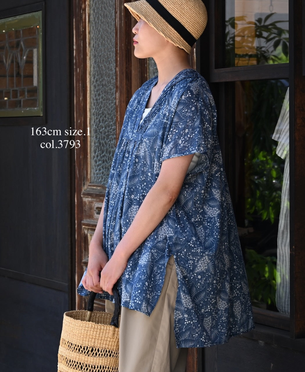 NSL26064 80s VOILE LEAF & FLOWER PRINT V-NECK FRENCH/SL TUNIC