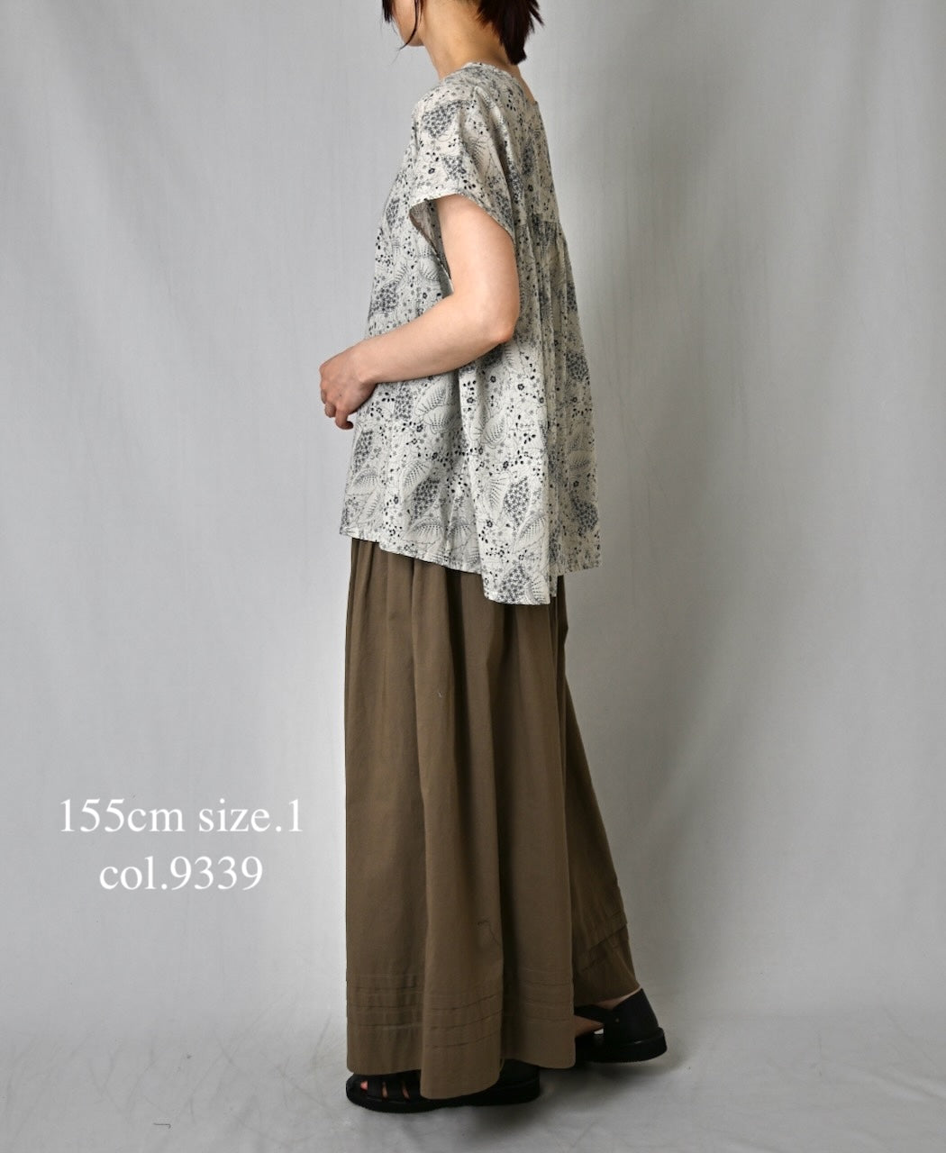 NSL26062 80s VOILE LEAF & FLOWER PRINT FRENCH/SL BACK SIDE GATHERED SMOCK