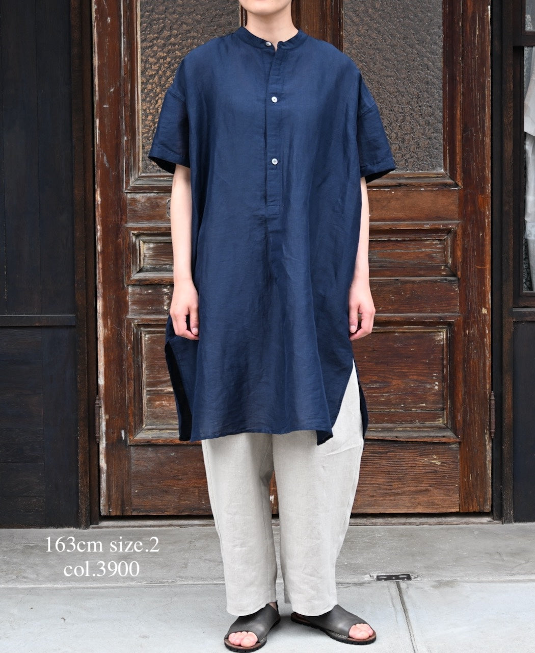 INSL26323 60s AUTO LOOM COTTON/LINEN PLAIN BANDED COLLAR S/SL TUNIC