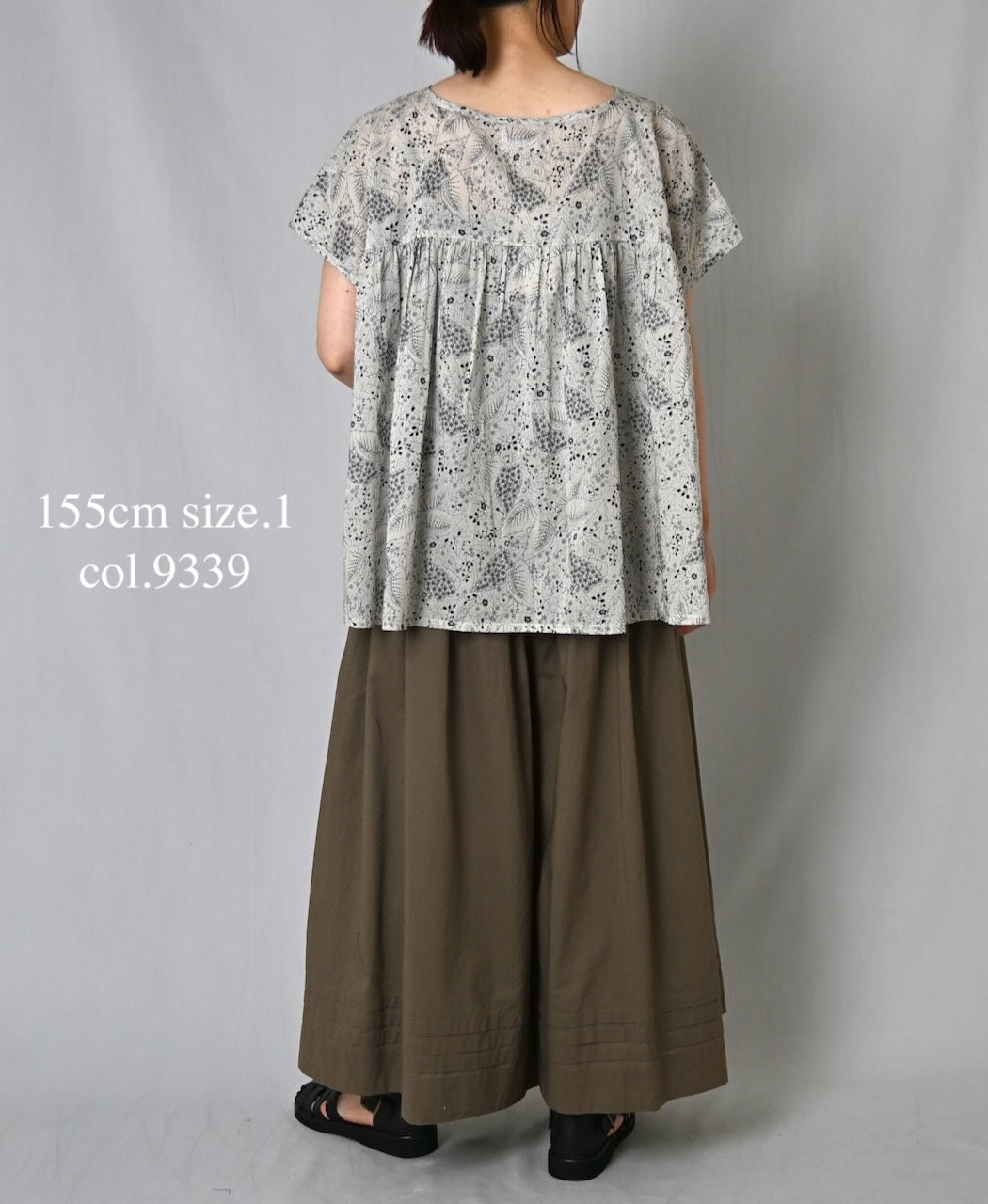 NSL26062 80s VOILE LEAF & FLOWER PRINT FRENCH/SL BACK SIDE GATHERED SMOCK