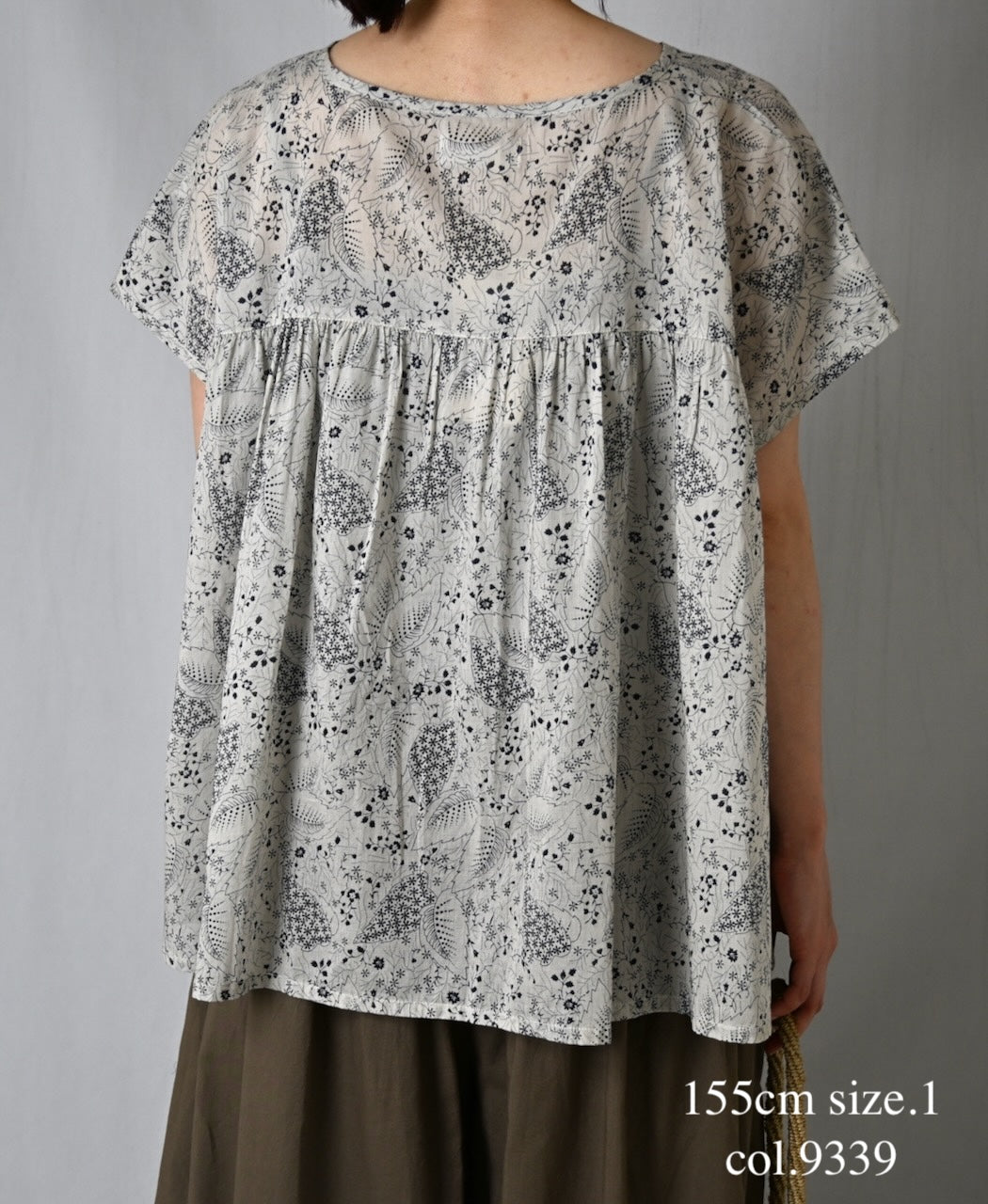 NSL26062 80s VOILE LEAF & FLOWER PRINT FRENCH/SL BACK SIDE GATHERED SMOCK