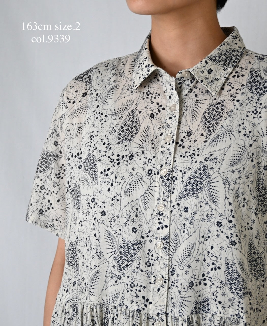 NSL26063 80s VOILE LEAF & FLOWER PRINT REGULAR COLLAR S/SL DRESS