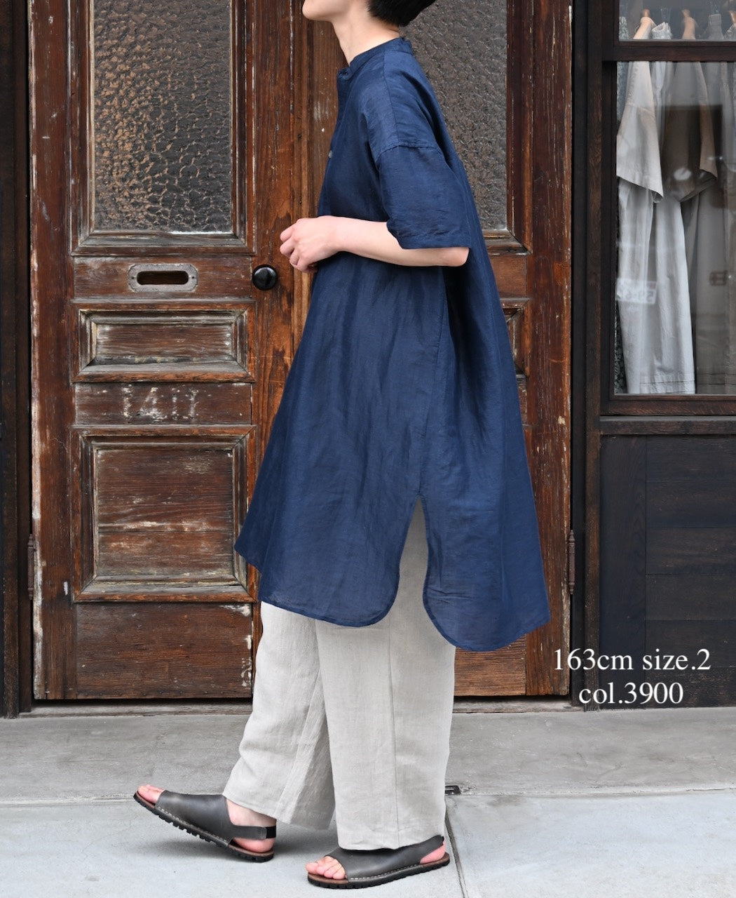 INSL26323 60s AUTO LOOM COTTON/LINEN PLAIN BANDED COLLAR S/SL TUNIC