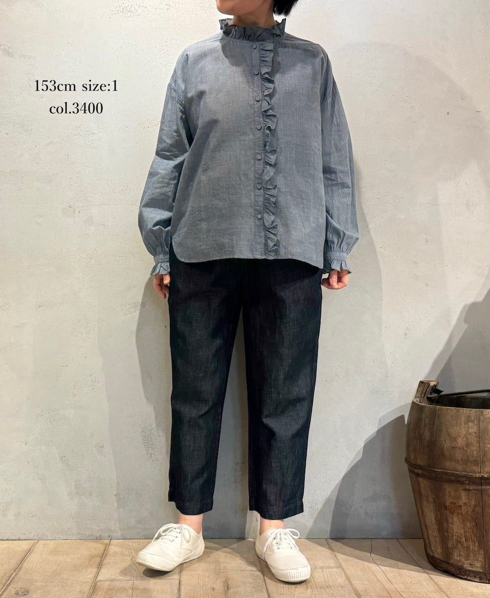 INMDS25062 HANDWOVEN YARN DYE NATURAL INDIGO CHAMBRAY FRILL COLLAR SHIRT